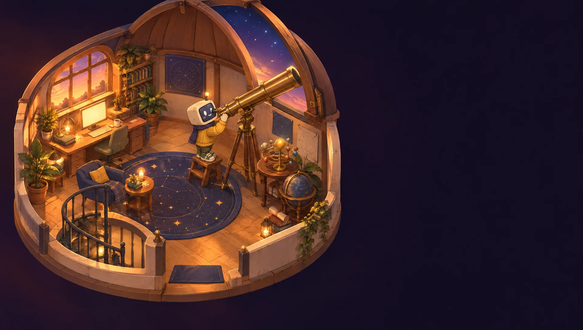 Ostrell's observatory: an open dome with the first stars, a brass telescope, an orrery and a globe, and Ostrell at the telescope.