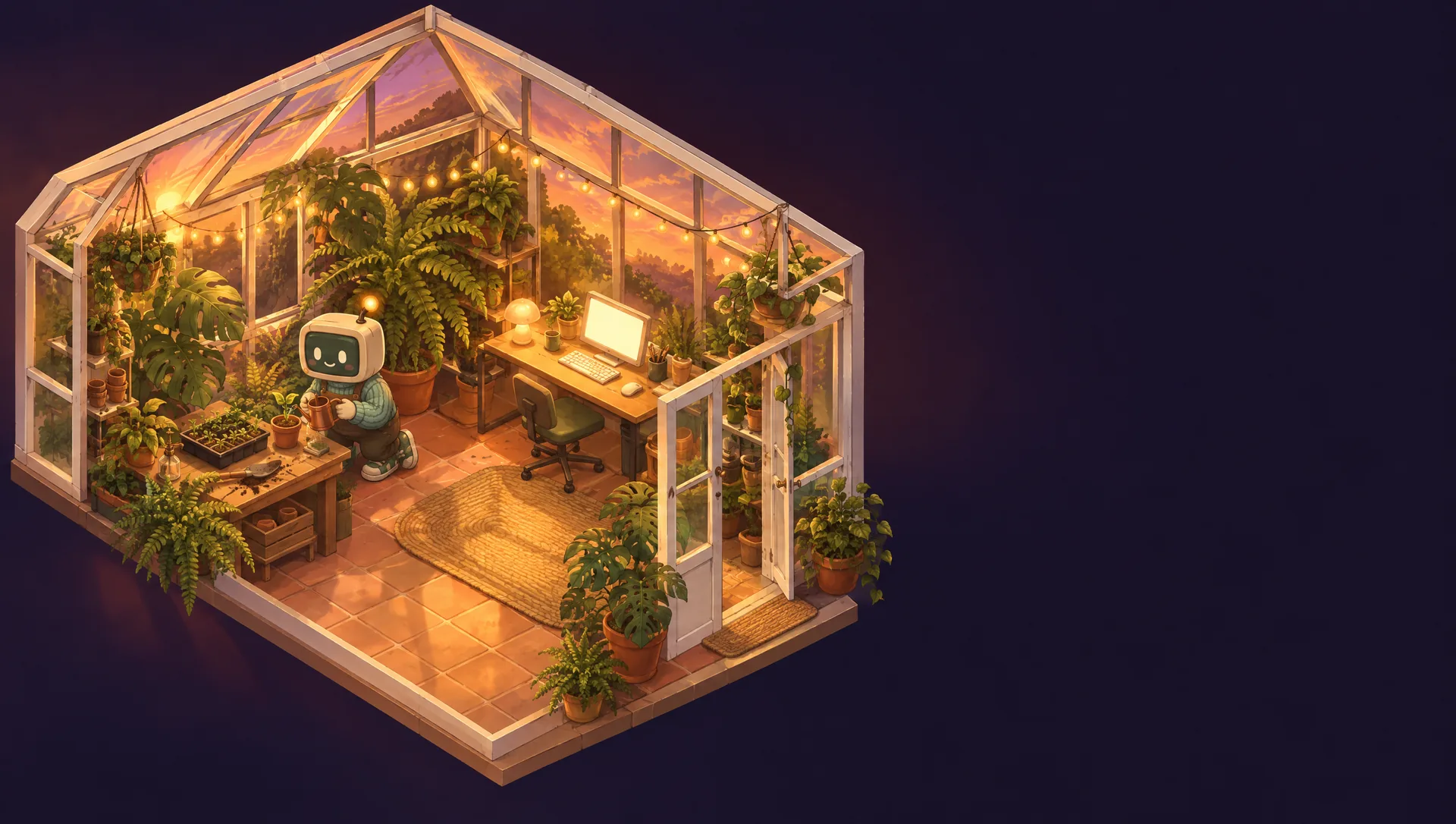 Fern's greenhouse: a glass roof, string lights, seedlings on a potting bench, and Fern watering them.