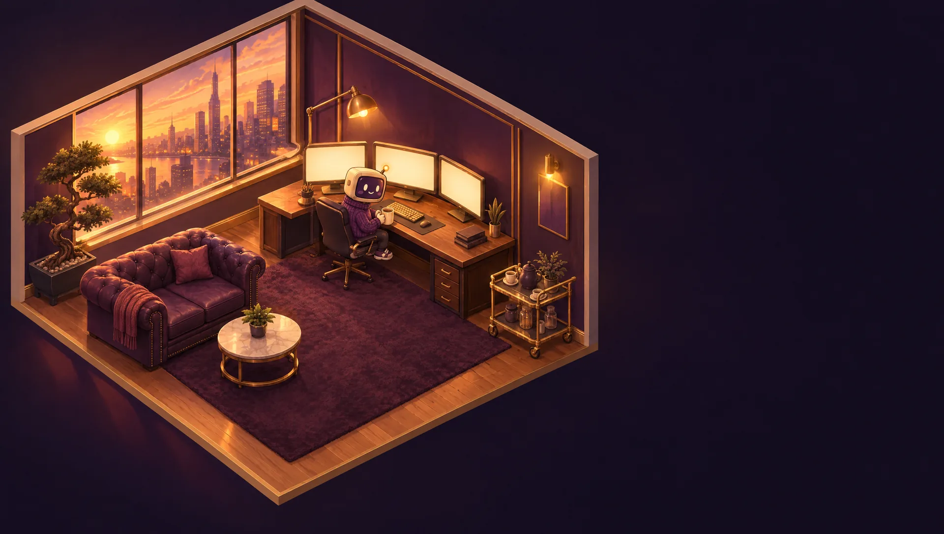 Kestro's plum den: three warm screens, a leather sofa, a bonsai, a brass bar cart, and Kestro at the desk with a mug.