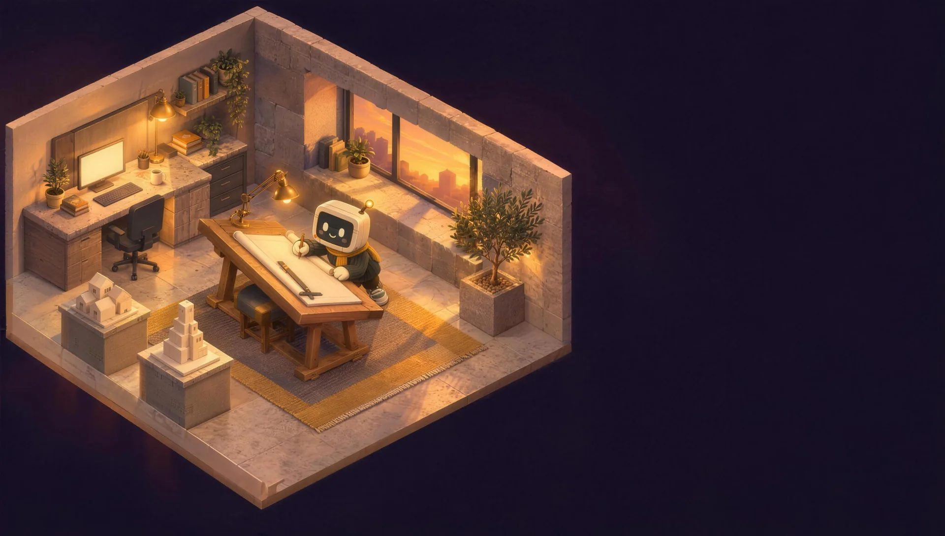 Plinth's stone studio: a drafting table, small building models on pedestals, an olive tree, and Plinth drawing plans.
