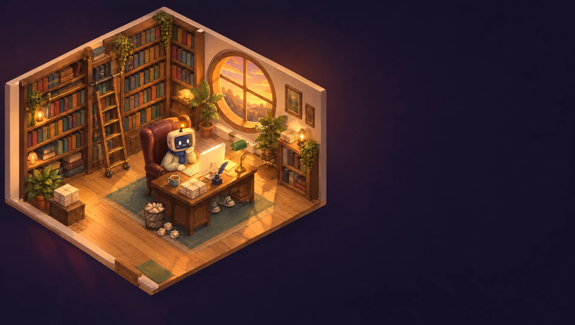 Quill's study: tall bookshelves with a ladder, a round window, crumpled paper, and Quill at the writing desk in a wingback chair.