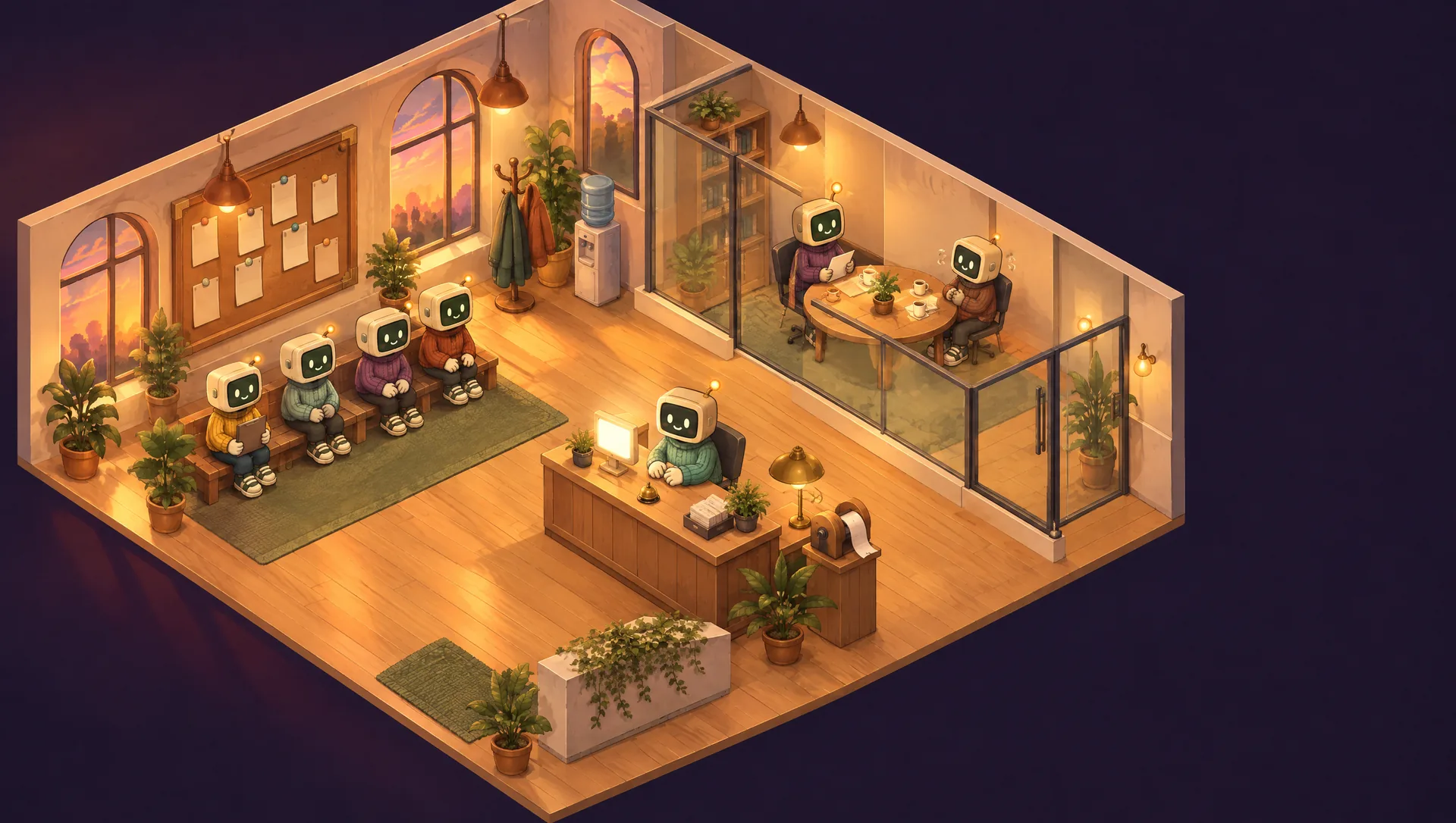 The Employment Agency: a job board with blank cards, agents waiting on a bench, a reception desk with a bell and a glass interview room.