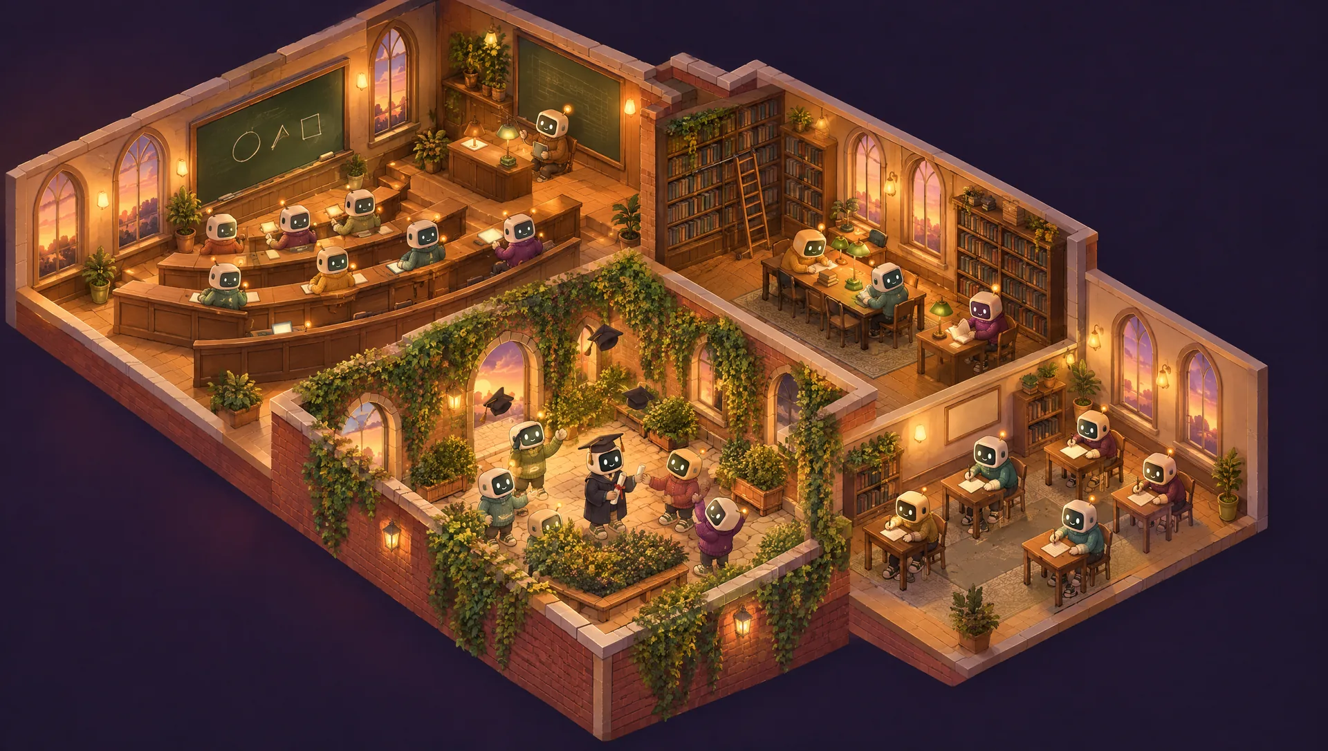 The University: a tiered lecture hall, a library with a ladder, an exam room and a graduation in an ivy courtyard.